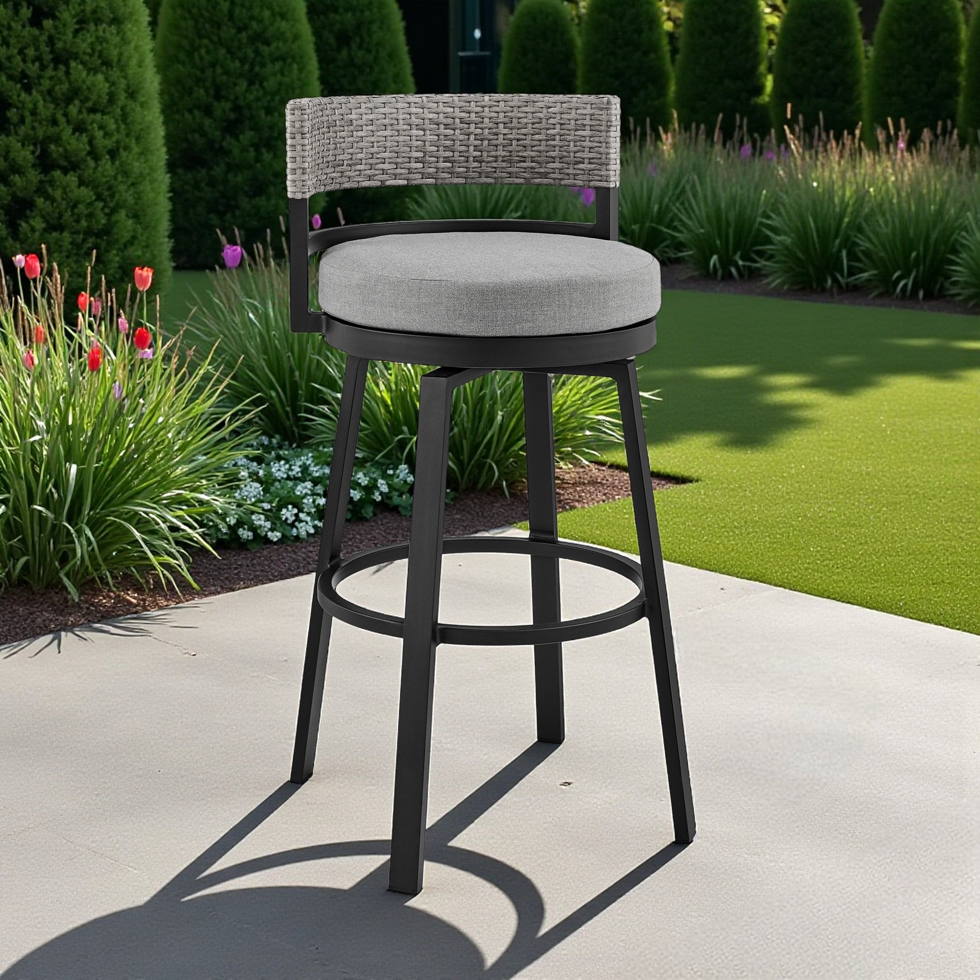 33" Light Gray Metal Swivel Low back Outdoor Bar Height chair with Footrest - GreatEagleInc