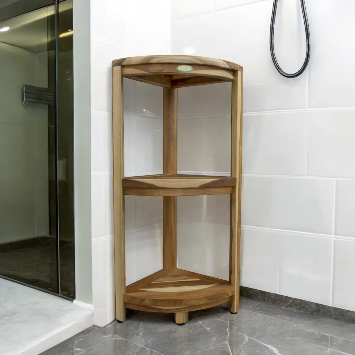 33" Natural Teak Corner Shower Bench With Shelf Homeroots Bed & Bath