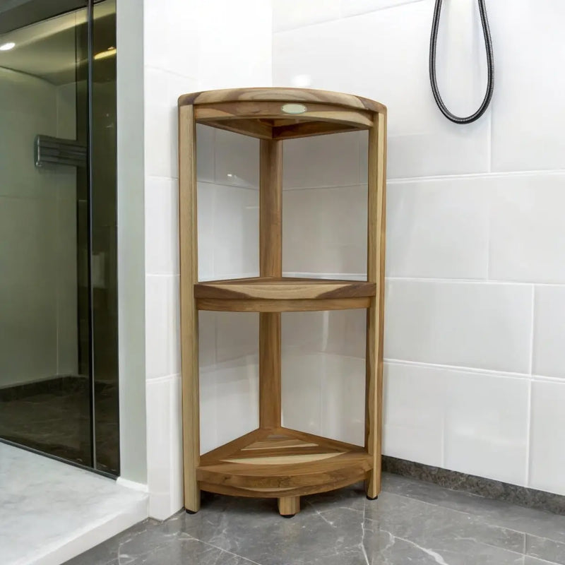 33" Natural Teak Corner Shower Bench With Shelf Homeroots Bed & Bath