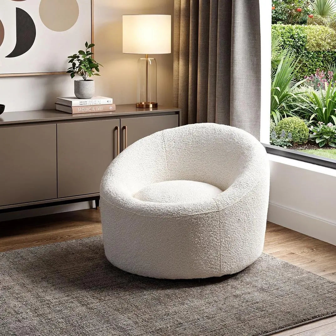 33" White Boucle and Metal Swivel Lounge Chair Homeroots Living Room