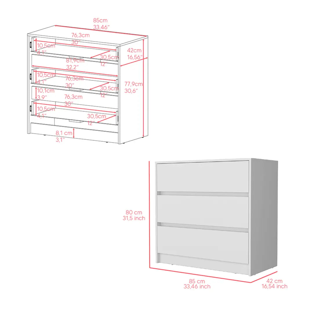 33" White Three Drawer Dresser Homeroots Bed & Bath
