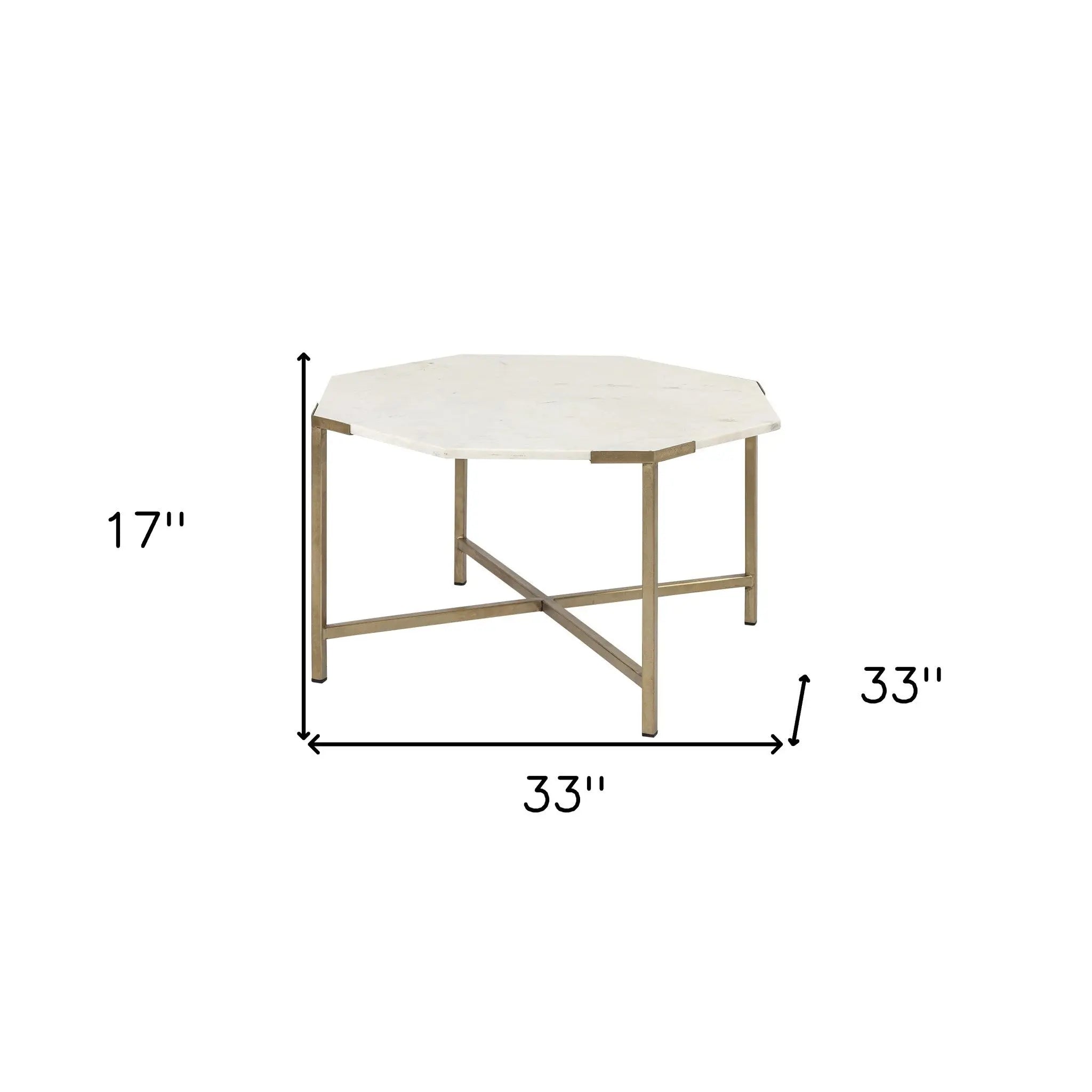 33" White and Gold Genuine Marble and Metal Octagon Coffee Table Homeroots Living Room