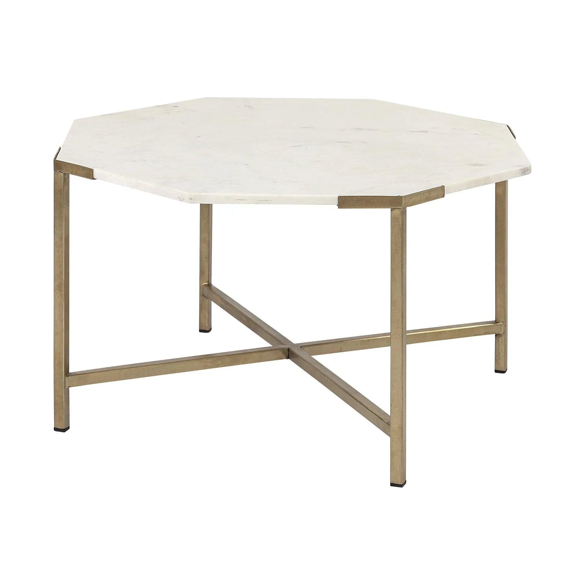 33" White and Gold Genuine Marble and Metal Octagon Coffee Table Homeroots Living Room