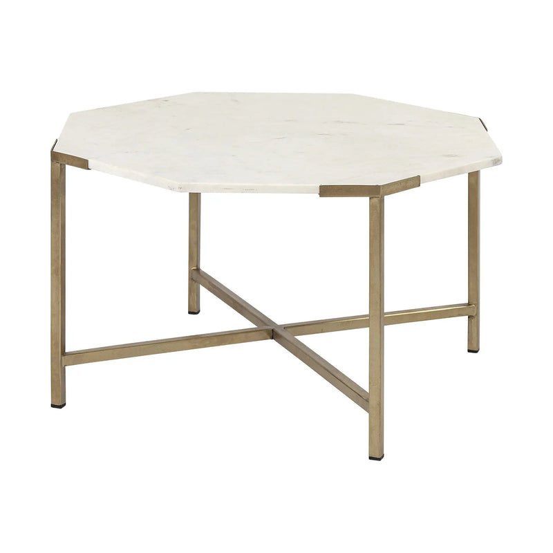 33" White and Gold Genuine Marble and Metal Octagon Coffee Table Homeroots Living Room