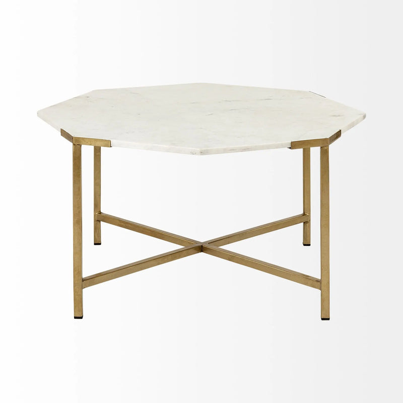 33" White and Gold Genuine Marble and Metal Octagon Coffee Table Homeroots Living Room