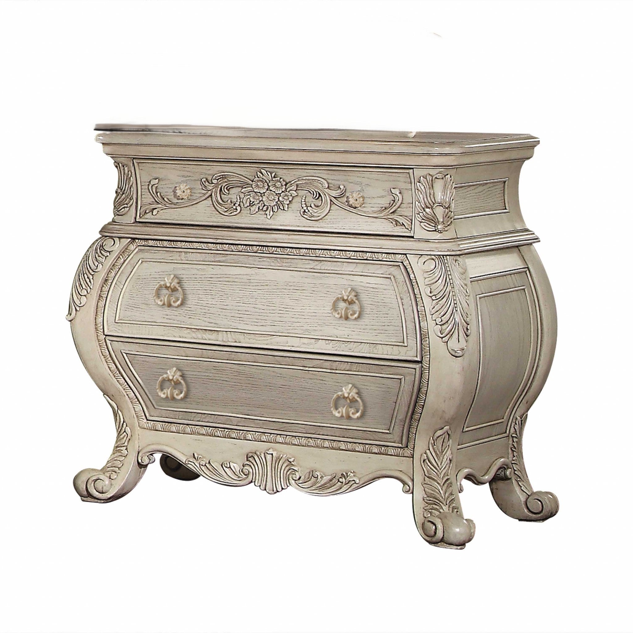 34" Antiqued White Solid Wood Three Drawer Nightstand Homeroots Bed & Bath