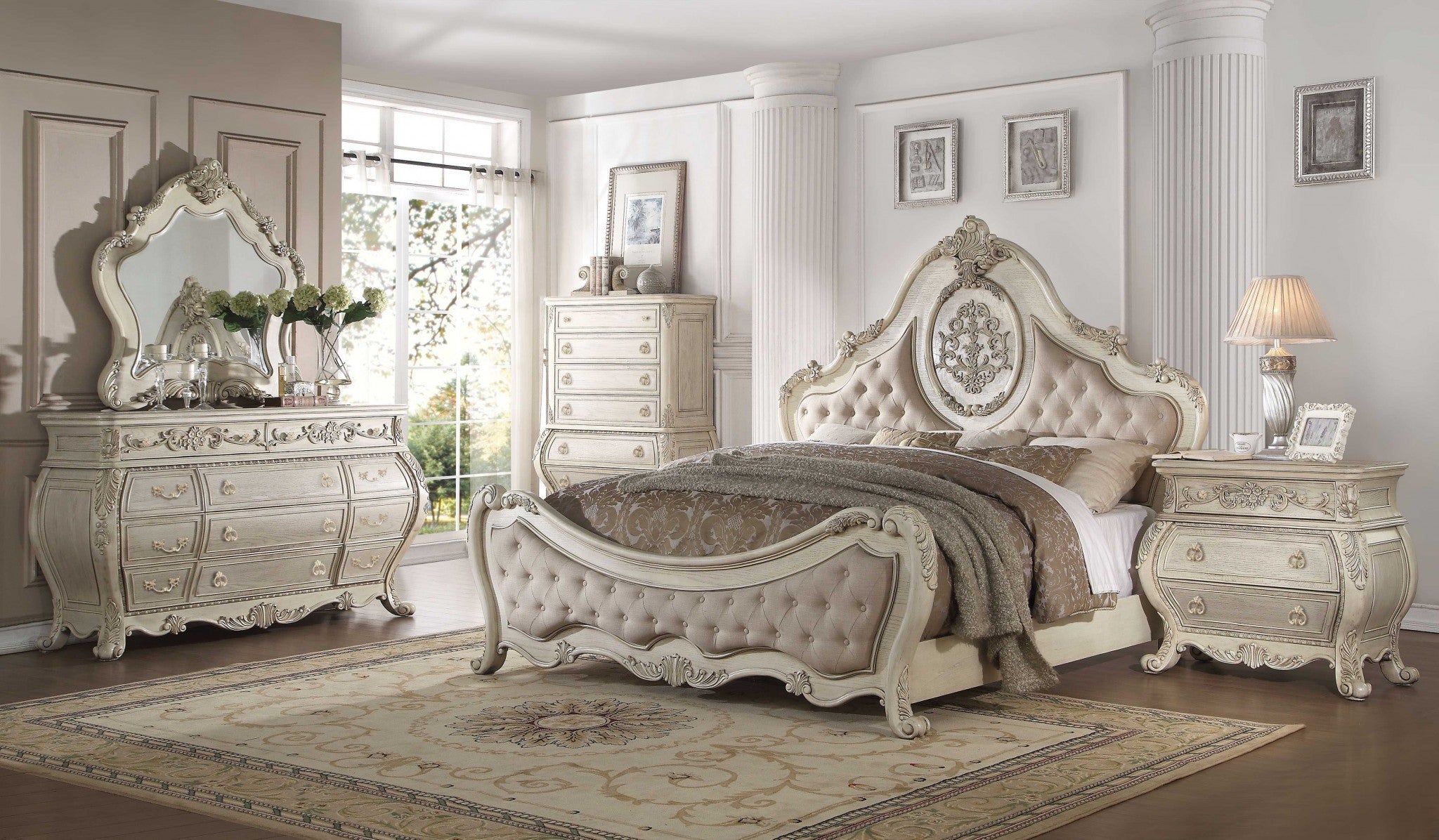 34" Antiqued White Solid Wood Three Drawer Nightstand Homeroots Bed & Bath