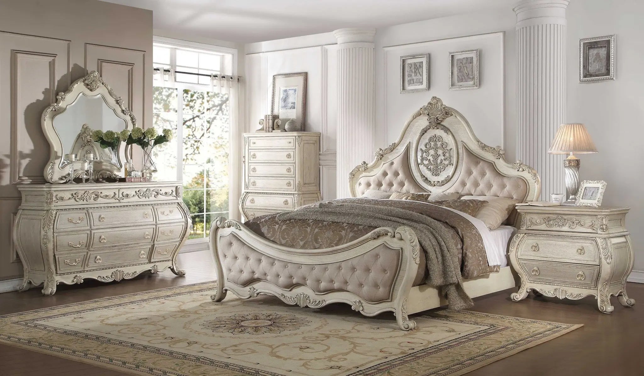 34" Antiqued White Solid Wood Three Drawer Nightstand Homeroots Bed & Bath