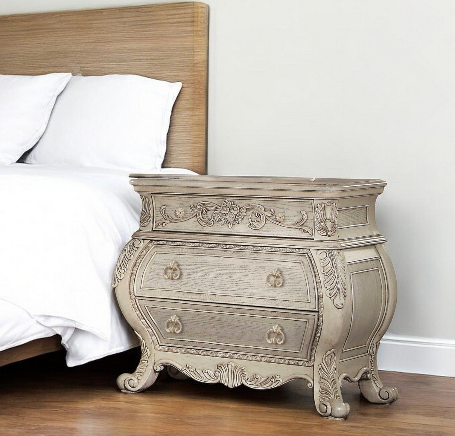 34" Antiqued White Solid Wood Three Drawer Nightstand Homeroots Bed & Bath