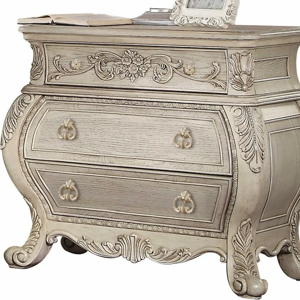 34" Antiqued White Solid Wood Three Drawer Nightstand Homeroots Bed & Bath