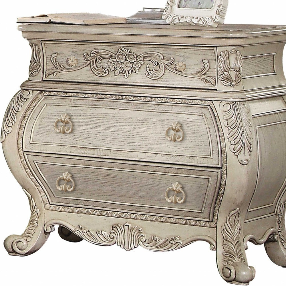 34" Antiqued White Solid Wood Three Drawer Nightstand Homeroots Bed & Bath