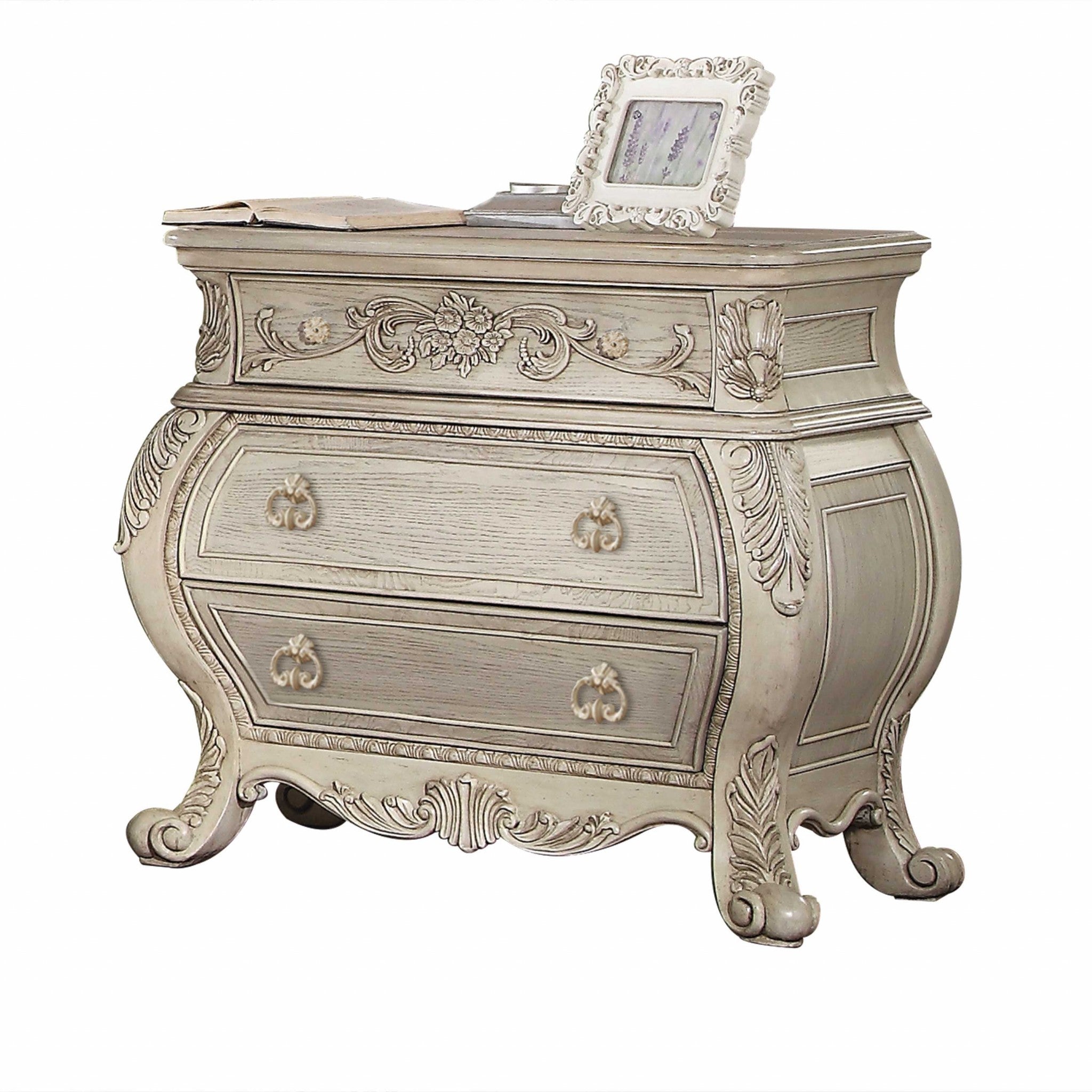 34" Antiqued White Solid Wood Three Drawer Nightstand Homeroots Bed & Bath