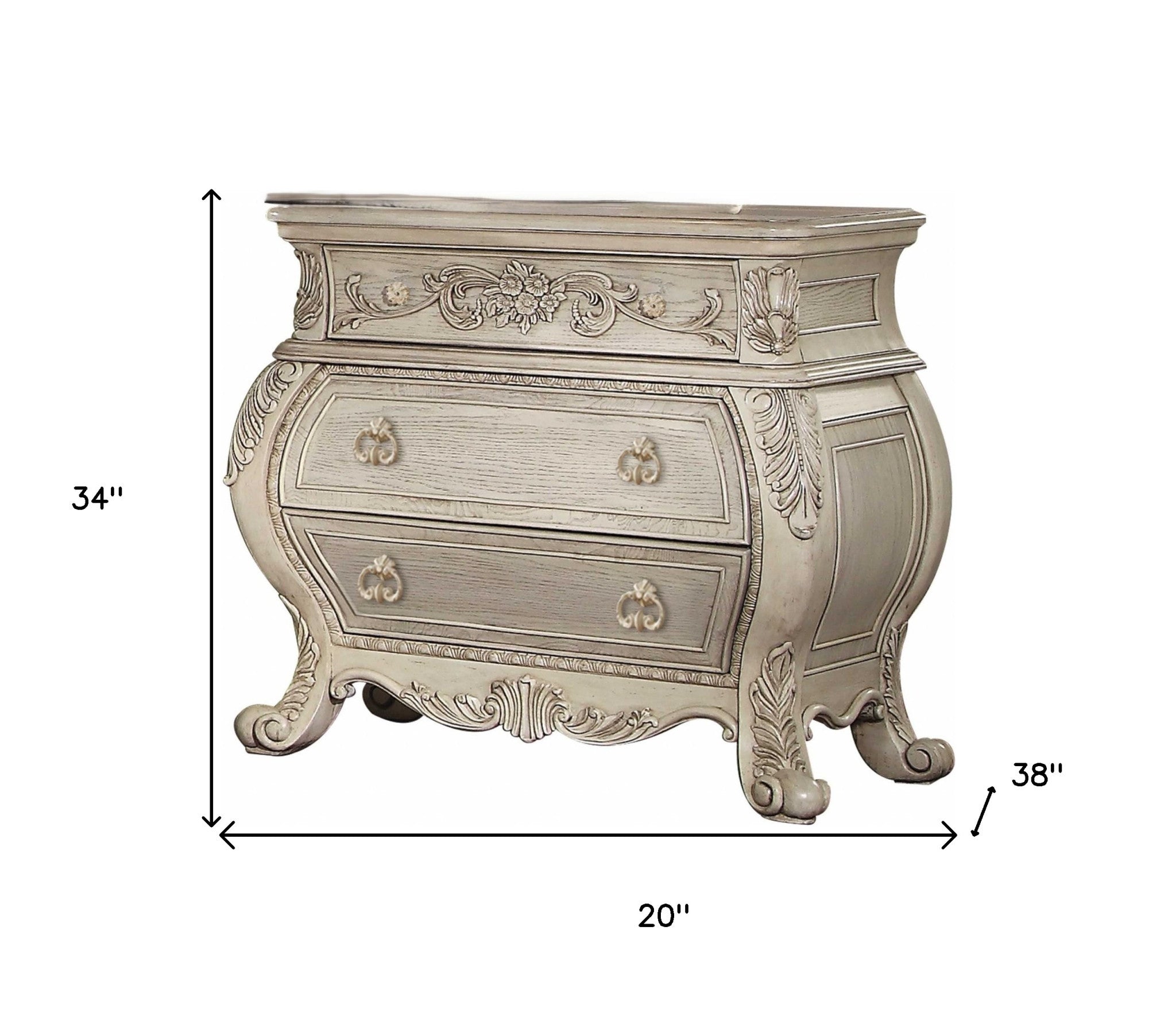 34" Antiqued White Solid Wood Three Drawer Nightstand Homeroots Bed & Bath