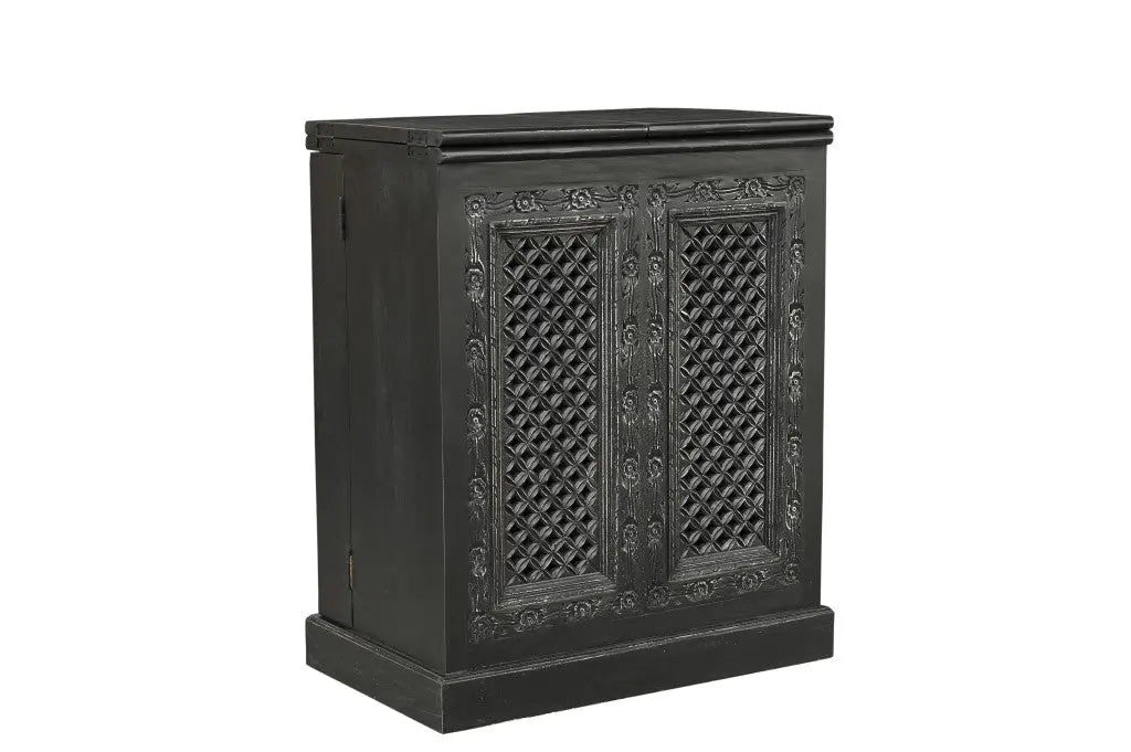 34" Black Solid Wood Carved Floral Bar Cabinet With Two Doors And One Drawer Homeroots Kitchen & Dining