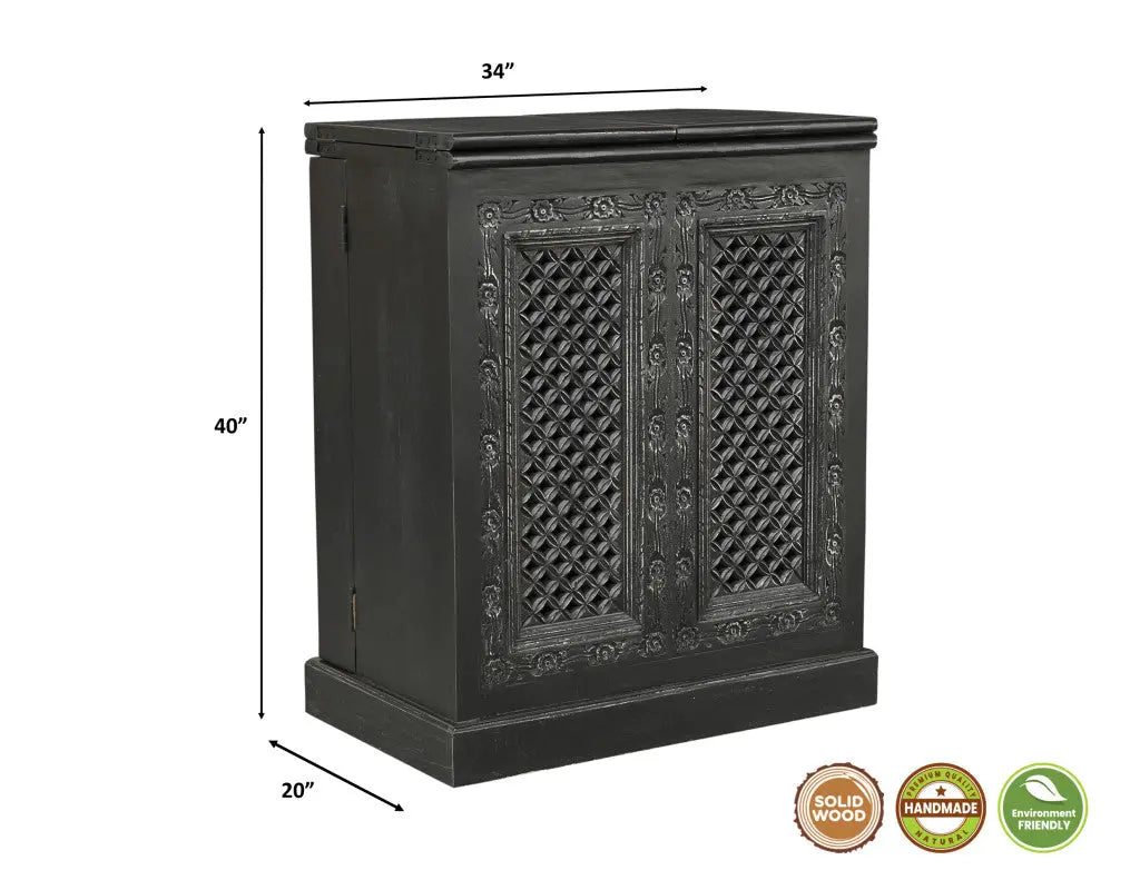 34" Black Solid Wood Carved Floral Bar Cabinet With Two Doors And One Drawer Homeroots Kitchen & Dining