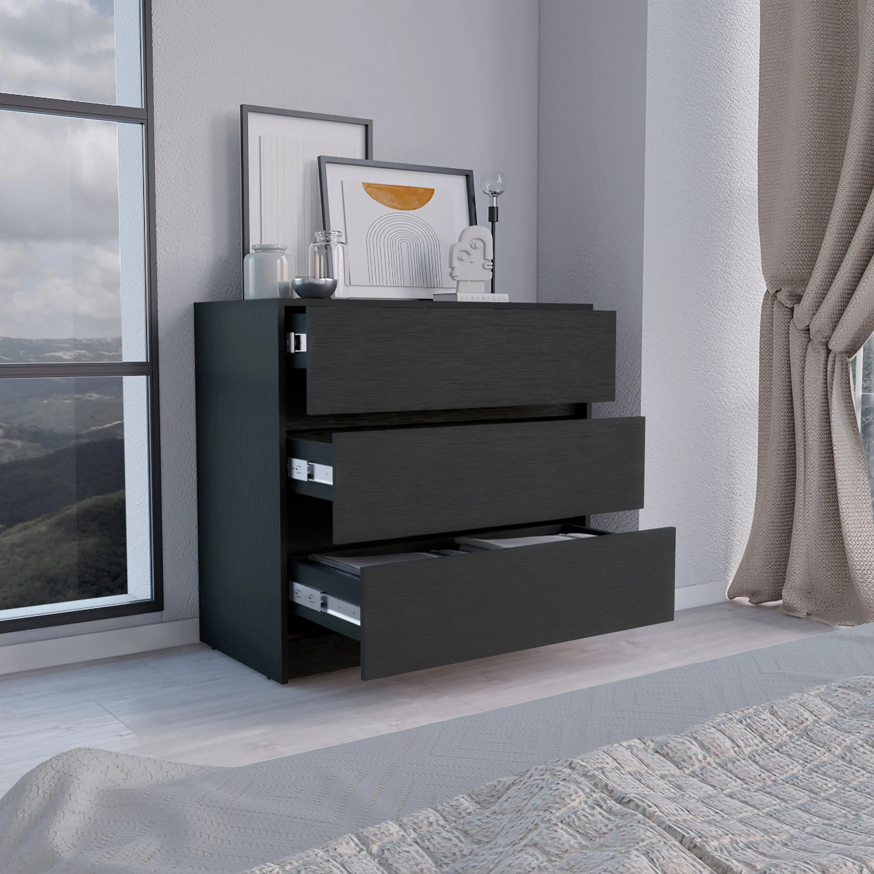 34" Black Three Drawer Dresser Homeroots Bed & Bath