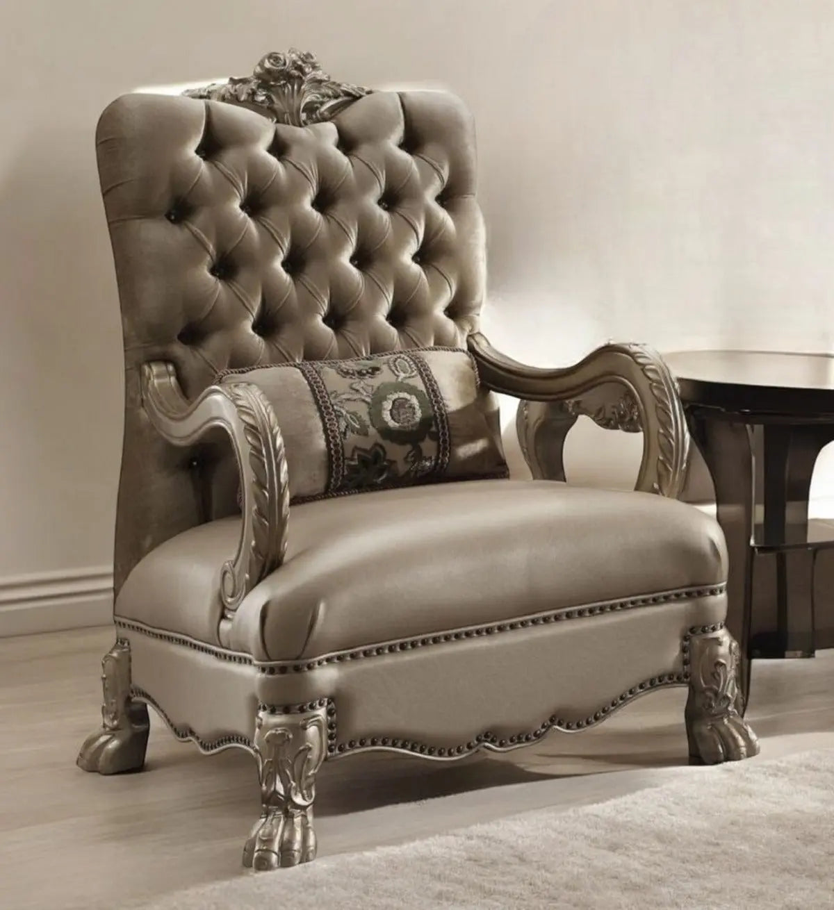 34" Bone and Gold Velvet Tufted Chesterfield Chair And Toss Pillow Homeroots Living Room