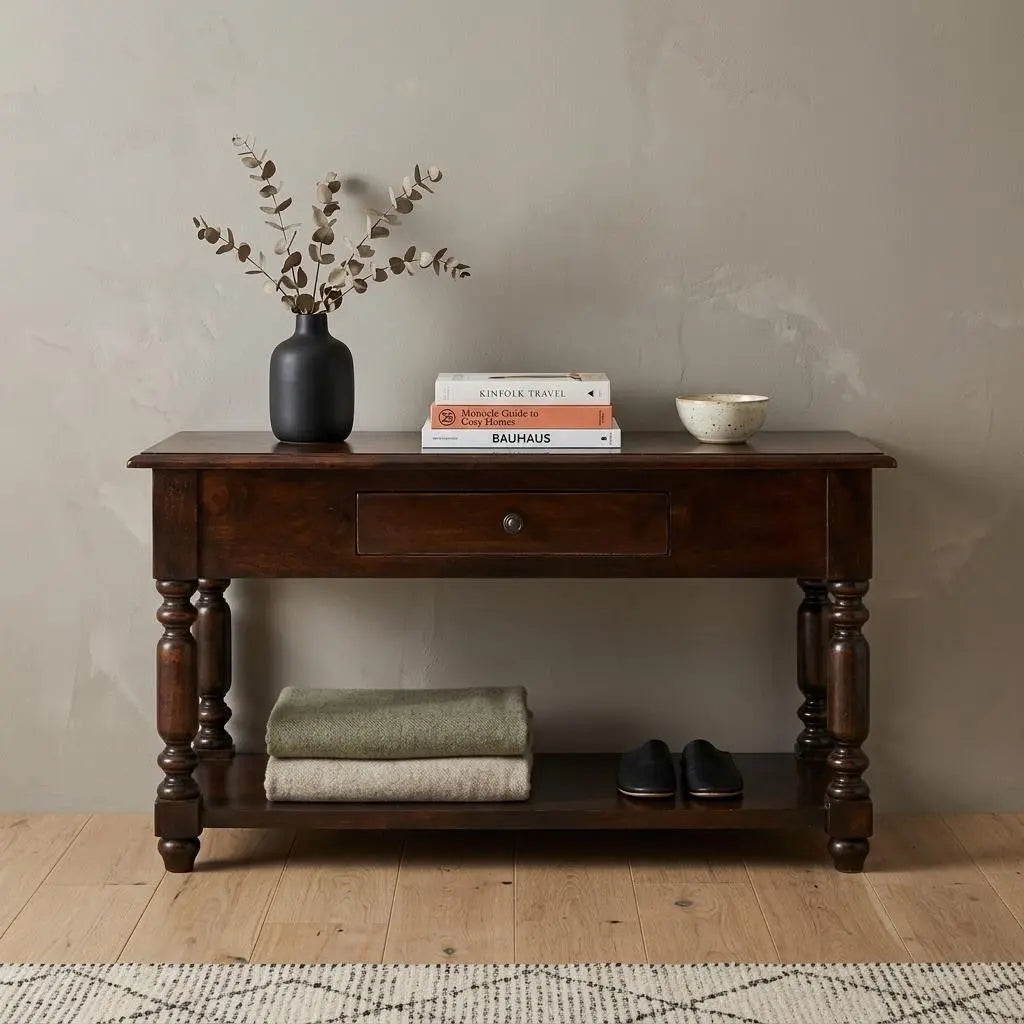 34" Brown Solid Wood Console Table With Shelf And Drawer Homeroots Living Room