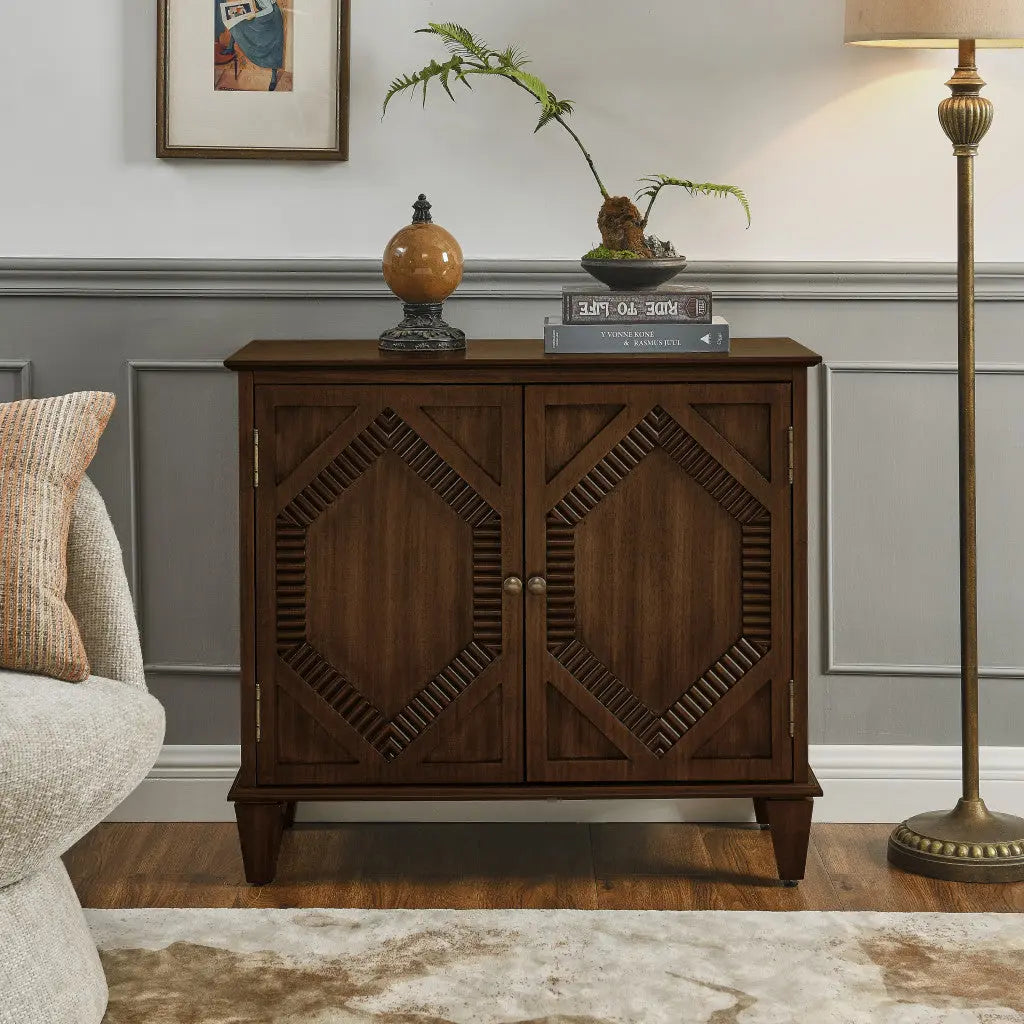 34" Brown Wood Carved Geometric Accent Cabinet With Two Doors Homeroots Kitchen & Dining