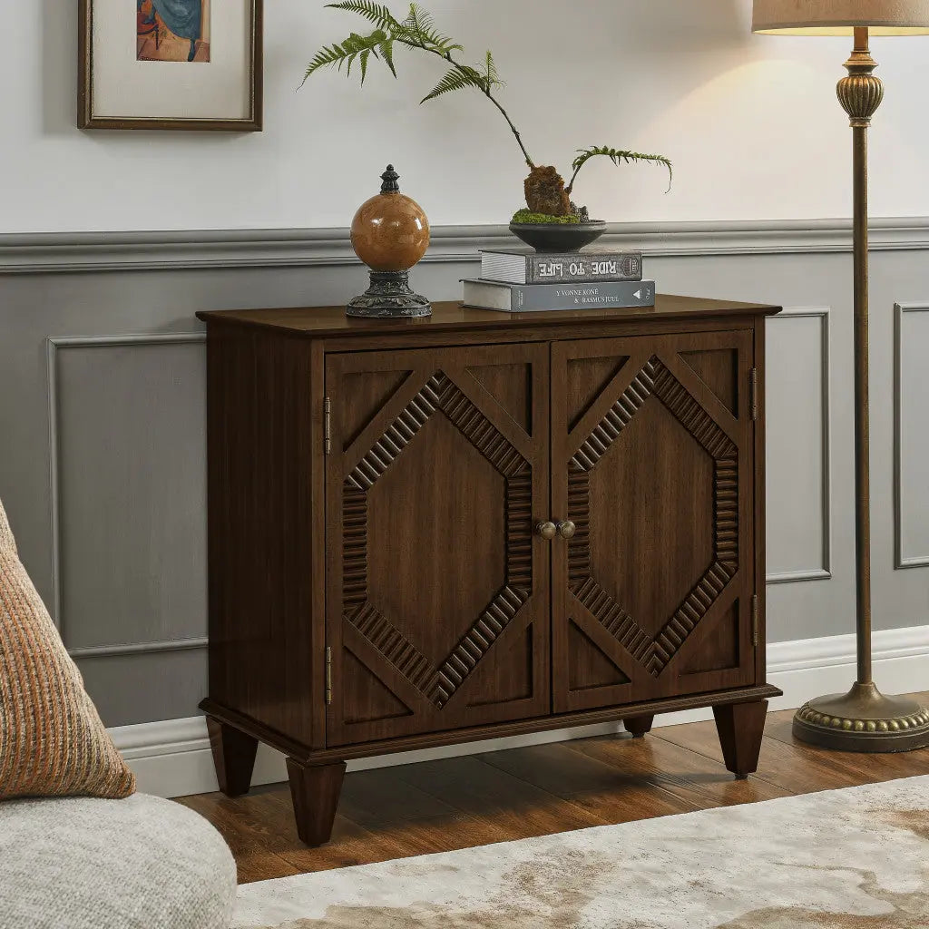 34" Brown Wood Carved Geometric Accent Cabinet With Two Doors Homeroots Kitchen & Dining