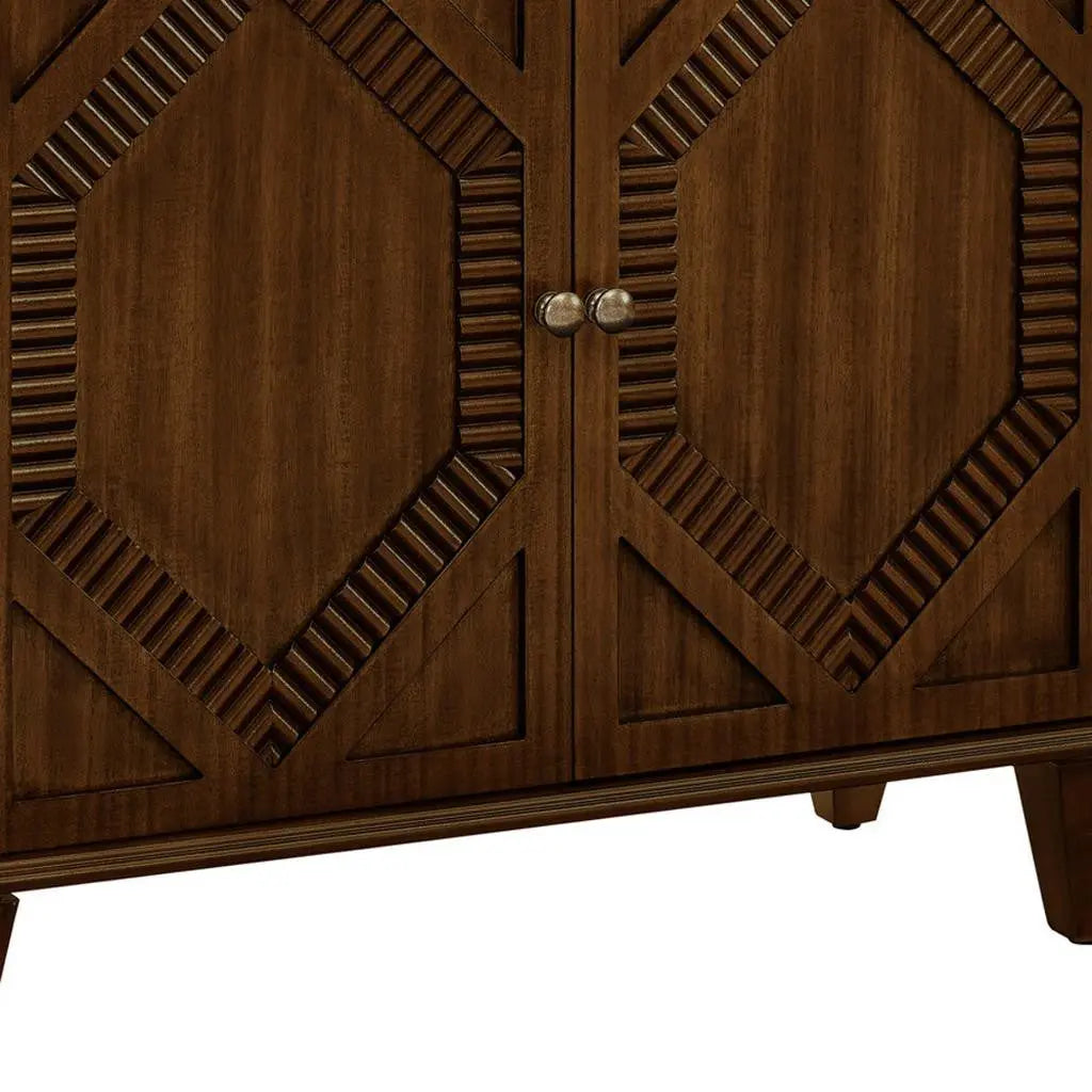 34" Brown Wood Carved Geometric Accent Cabinet With Two Doors Homeroots Kitchen & Dining