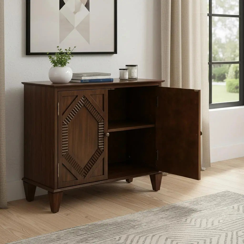 34" Brown Wood Carved Geometric Accent Cabinet With Two Doors Homeroots Kitchen & Dining