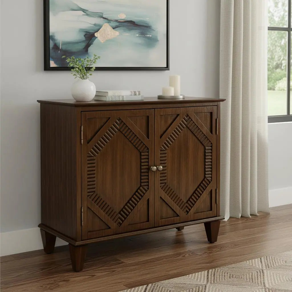 34" Brown Wood Carved Geometric Accent Cabinet With Two Doors Homeroots Kitchen & Dining