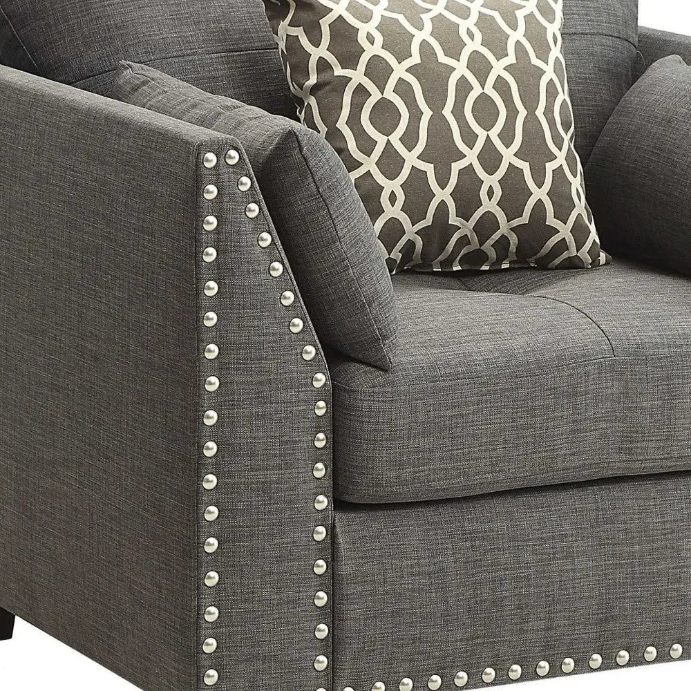 34" Charcoal and Brown Linen Arm Chair And Toss Pillows Homeroots Living Room