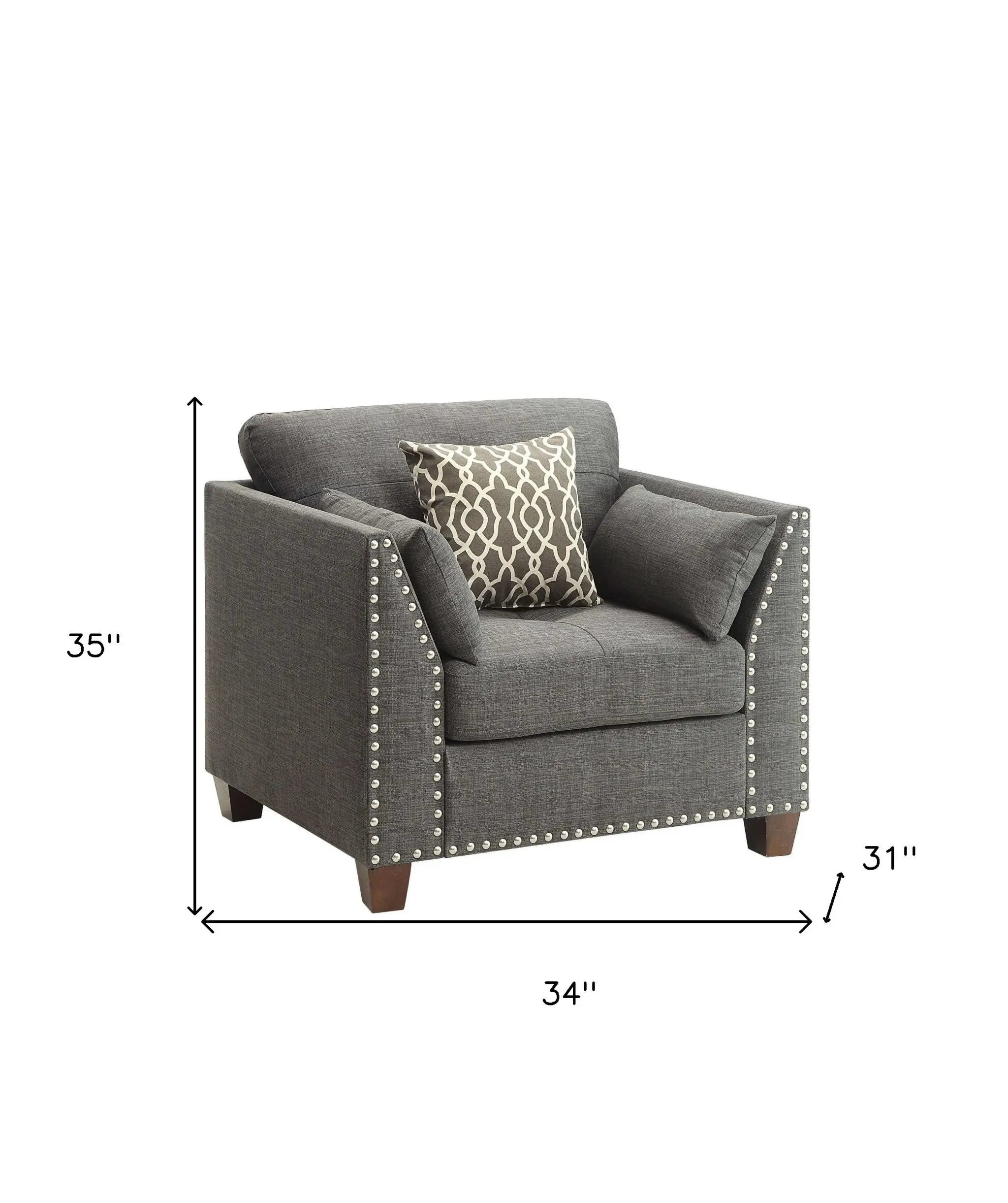 34" Charcoal and Brown Linen Arm Chair And Toss Pillows Homeroots Living Room