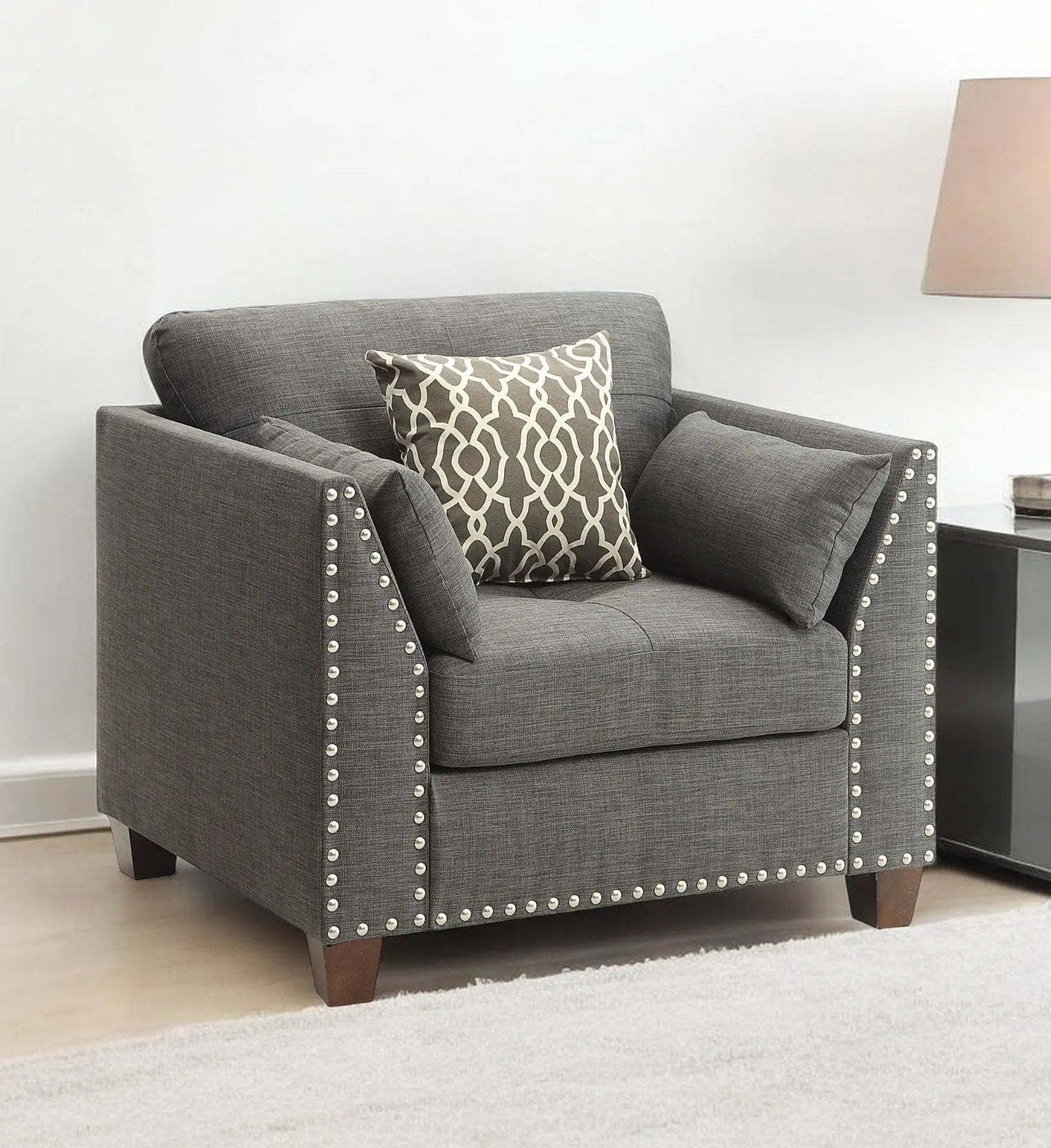 34" Charcoal and Brown Linen Arm Chair And Toss Pillows Homeroots Living Room