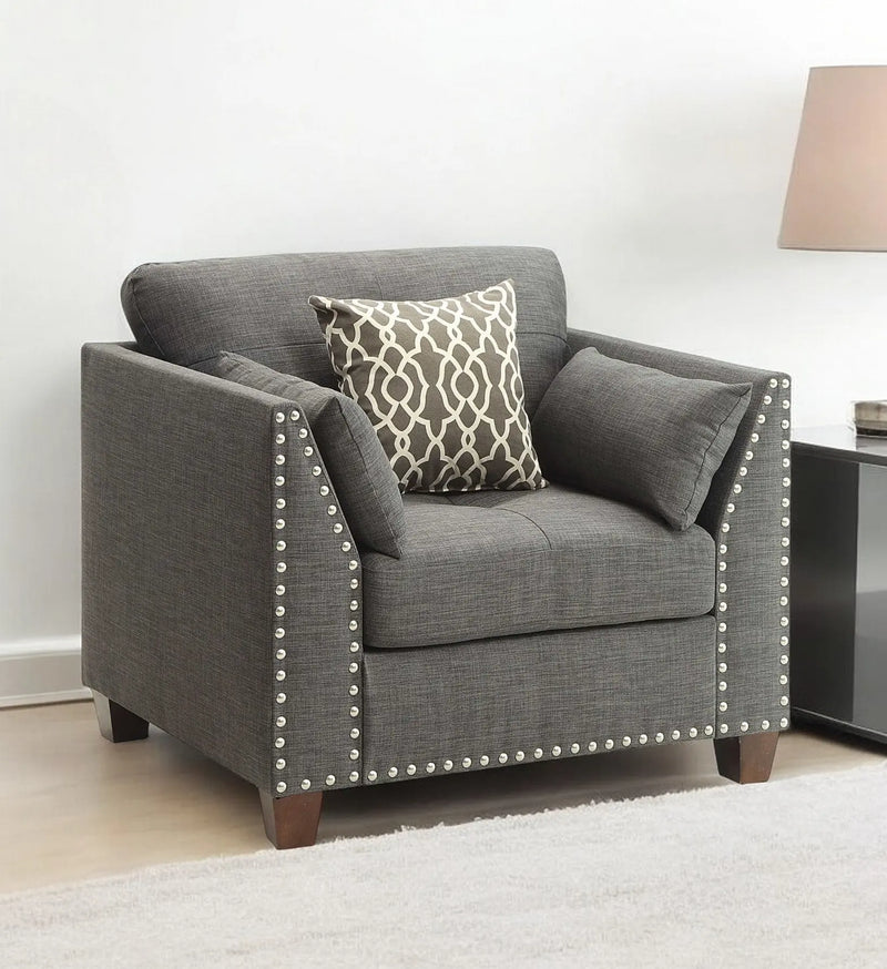 34" Charcoal and Brown Linen Arm Chair And Toss Pillows Homeroots Living Room