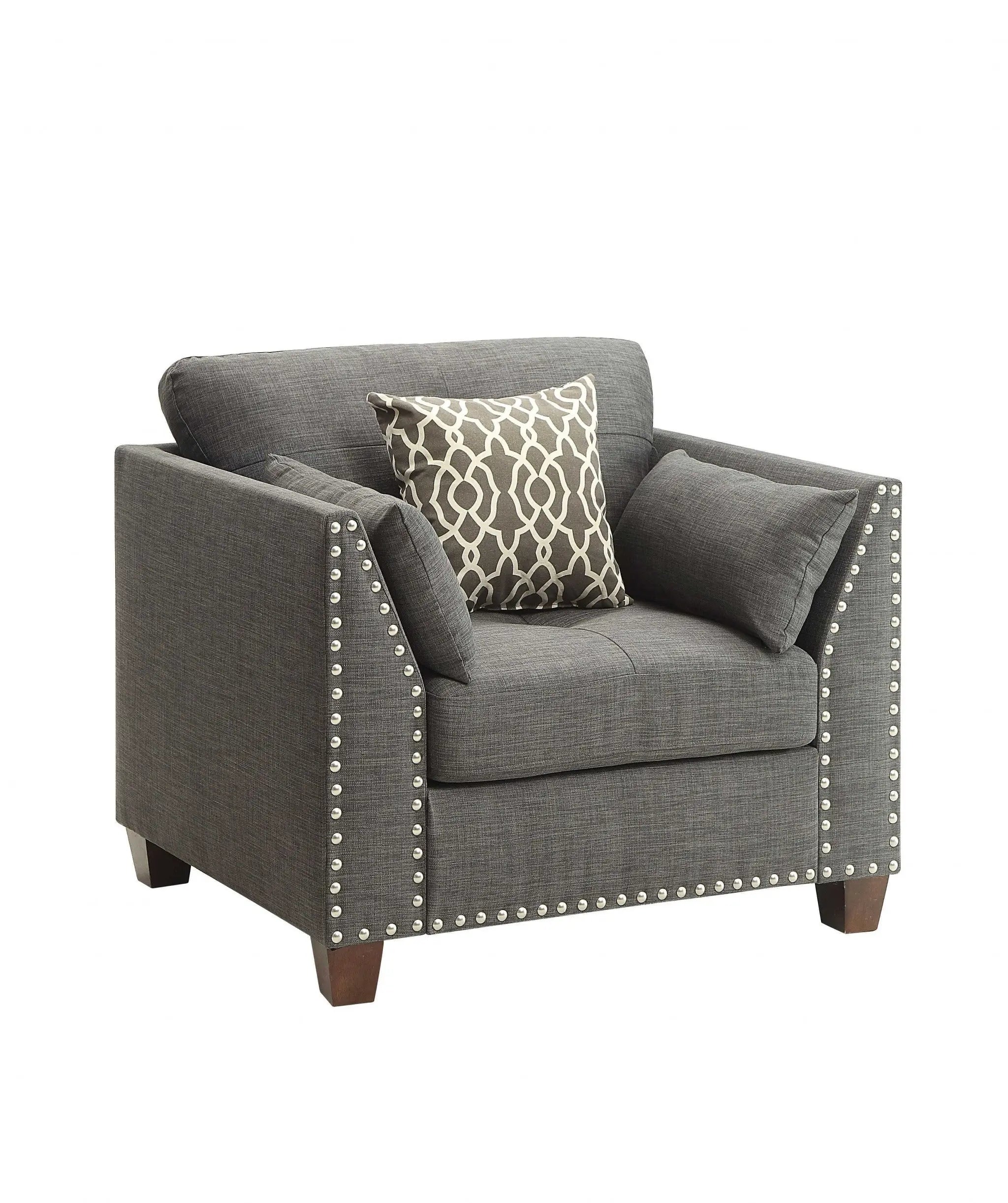 34" Charcoal and Brown Linen Arm Chair And Toss Pillows Homeroots Living Room