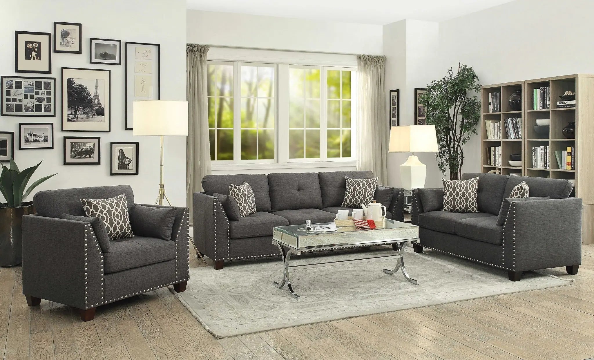 34" Charcoal and Brown Linen Arm Chair And Toss Pillows Homeroots Living Room
