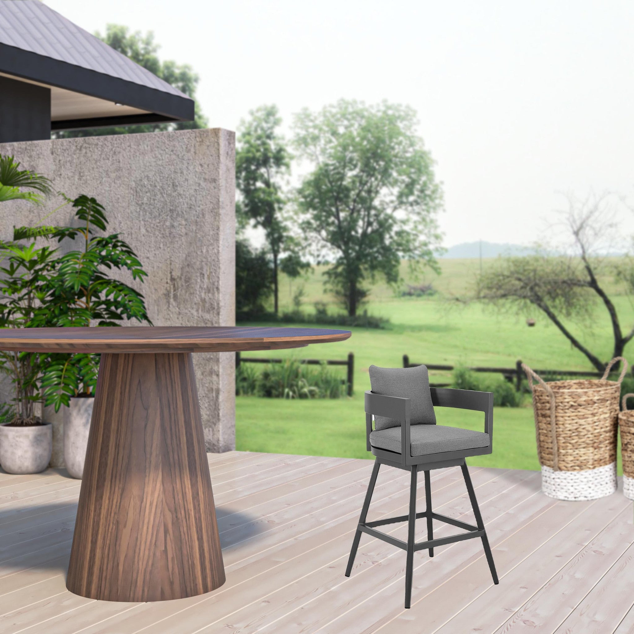 34" Dark Gray Metal Swivel Low back Outdoor Counter Height Bar chair with Footrest - GreatEagleInc