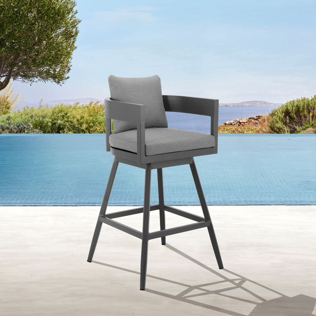 34" Dark Gray Metal Swivel Low back Outdoor Counter Height Bar chair with Footrest - GreatEagleInc
