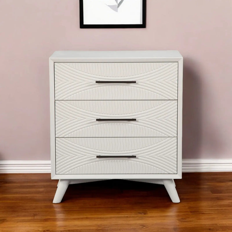 34" White Carved Geometric Solid Wood Three Drawer Dresser - GreatEagleInc