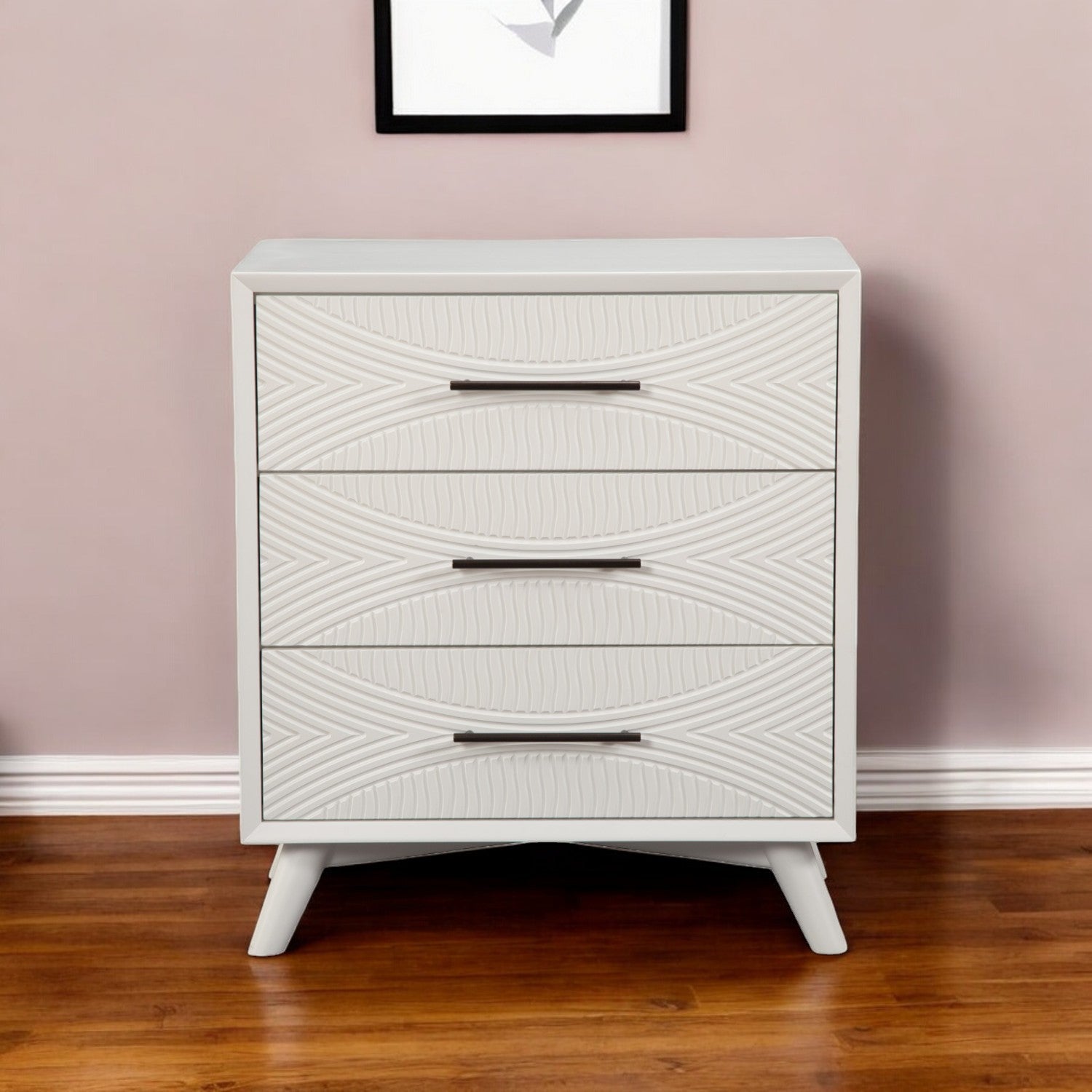 34" White Carved Geometric Solid Wood Three Drawer Dresser - GreatEagleInc
