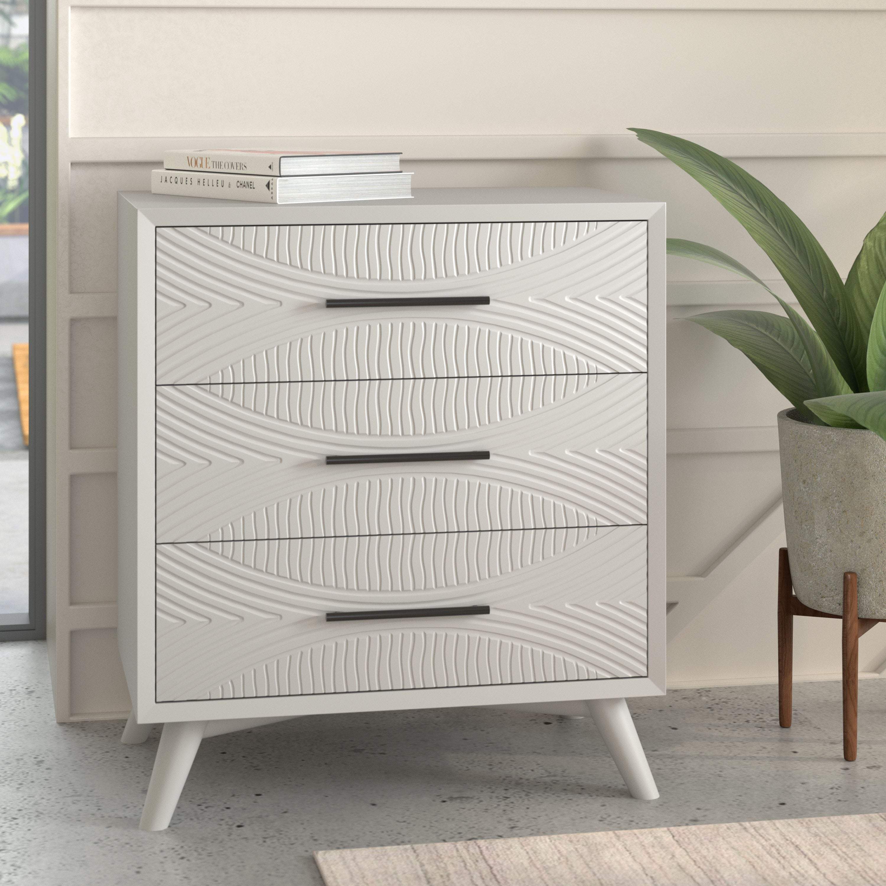 34" White Carved Geometric Solid Wood Three Drawer Dresser - GreatEagleInc