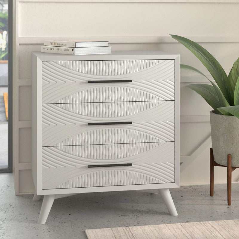 34" White Carved Geometric Solid Wood Three Drawer Dresser - GreatEagleInc