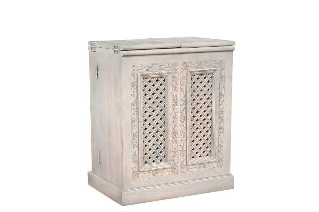 34" White Solid Wood Carved Floral Bar Cabinet With Two Doors And One Drawer Homeroots Kitchen & Dining