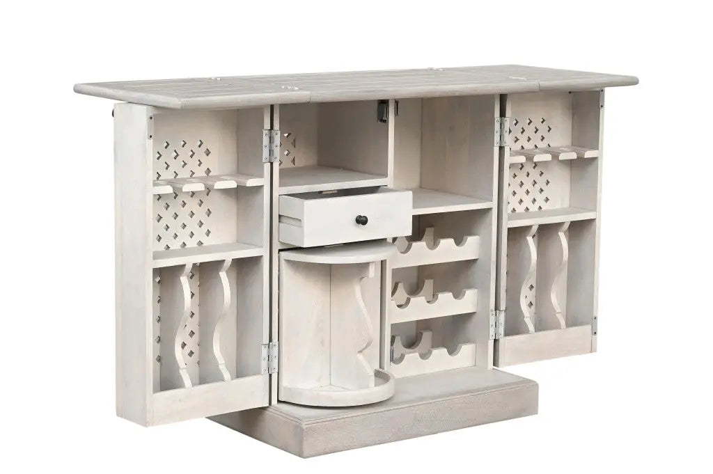 34" White Solid Wood Carved Floral Bar Cabinet With Two Doors And One Drawer Homeroots Kitchen & Dining