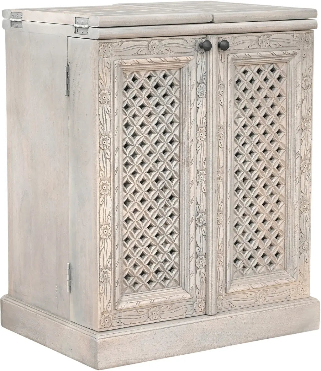 34" White Solid Wood Carved Floral Bar Cabinet With Two Doors And One Drawer Homeroots Kitchen & Dining