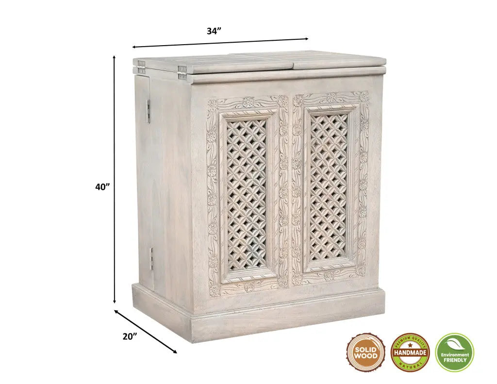 34" White Solid Wood Carved Floral Bar Cabinet With Two Doors And One Drawer Homeroots Kitchen & Dining