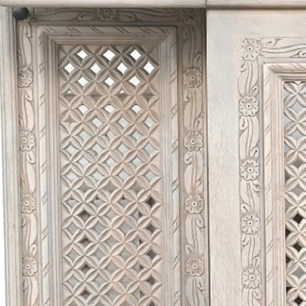 34" White Solid Wood Carved Floral Bar Cabinet With Two Doors And One Drawer Homeroots Kitchen & Dining