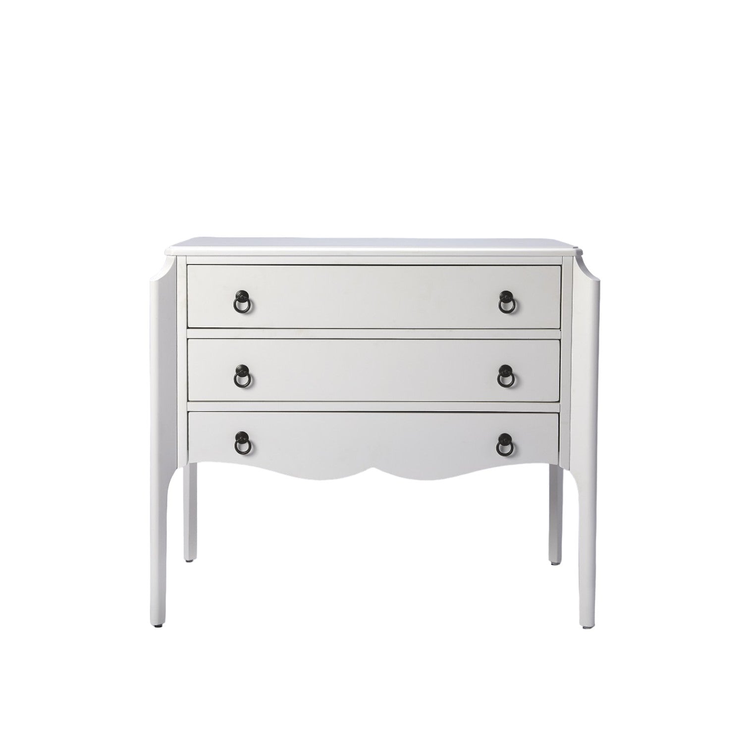 White wooden console table with three drawers and elegant black metal knobs, featuring a curved front design.