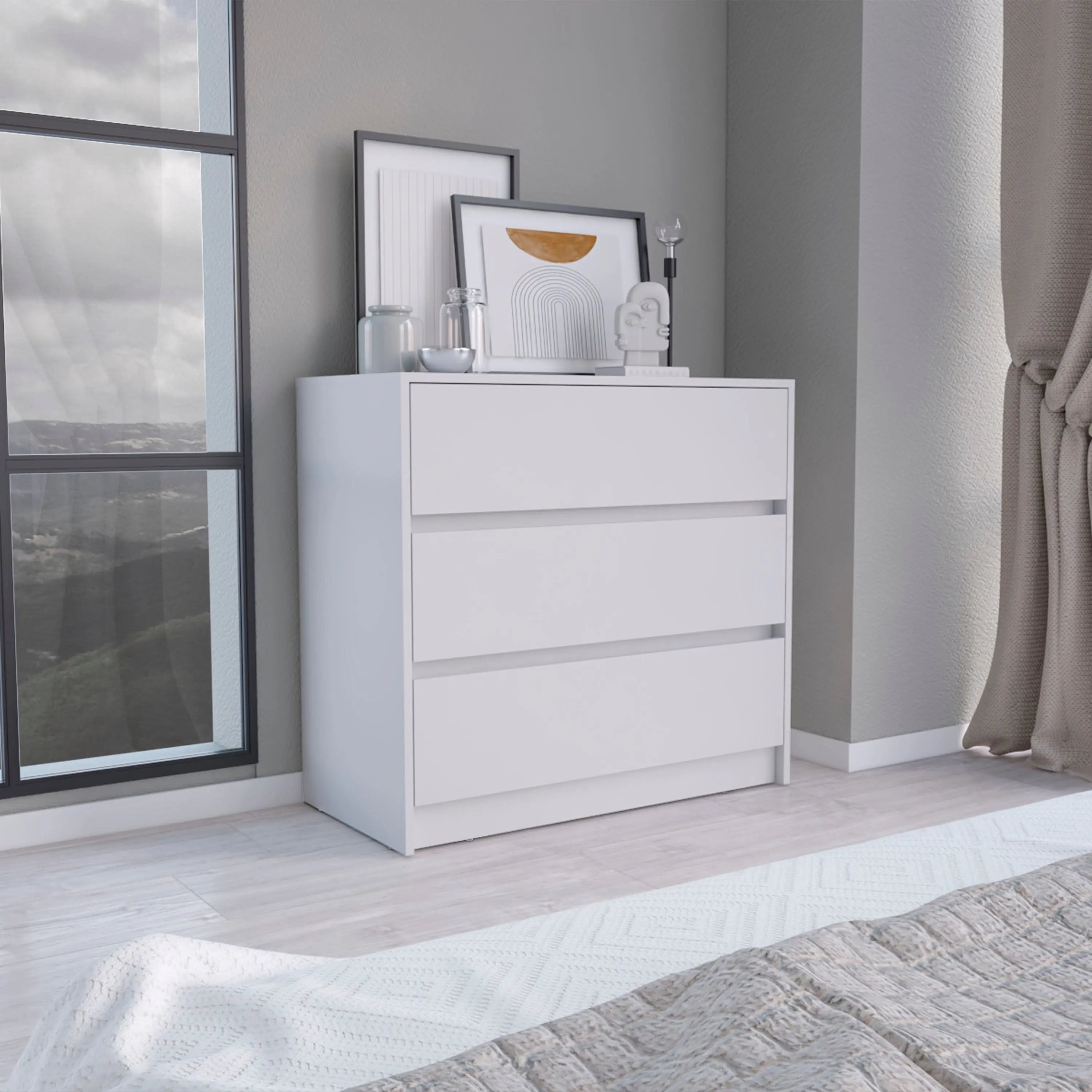 34" White Three Drawer Dresser Homeroots Bed & Bath