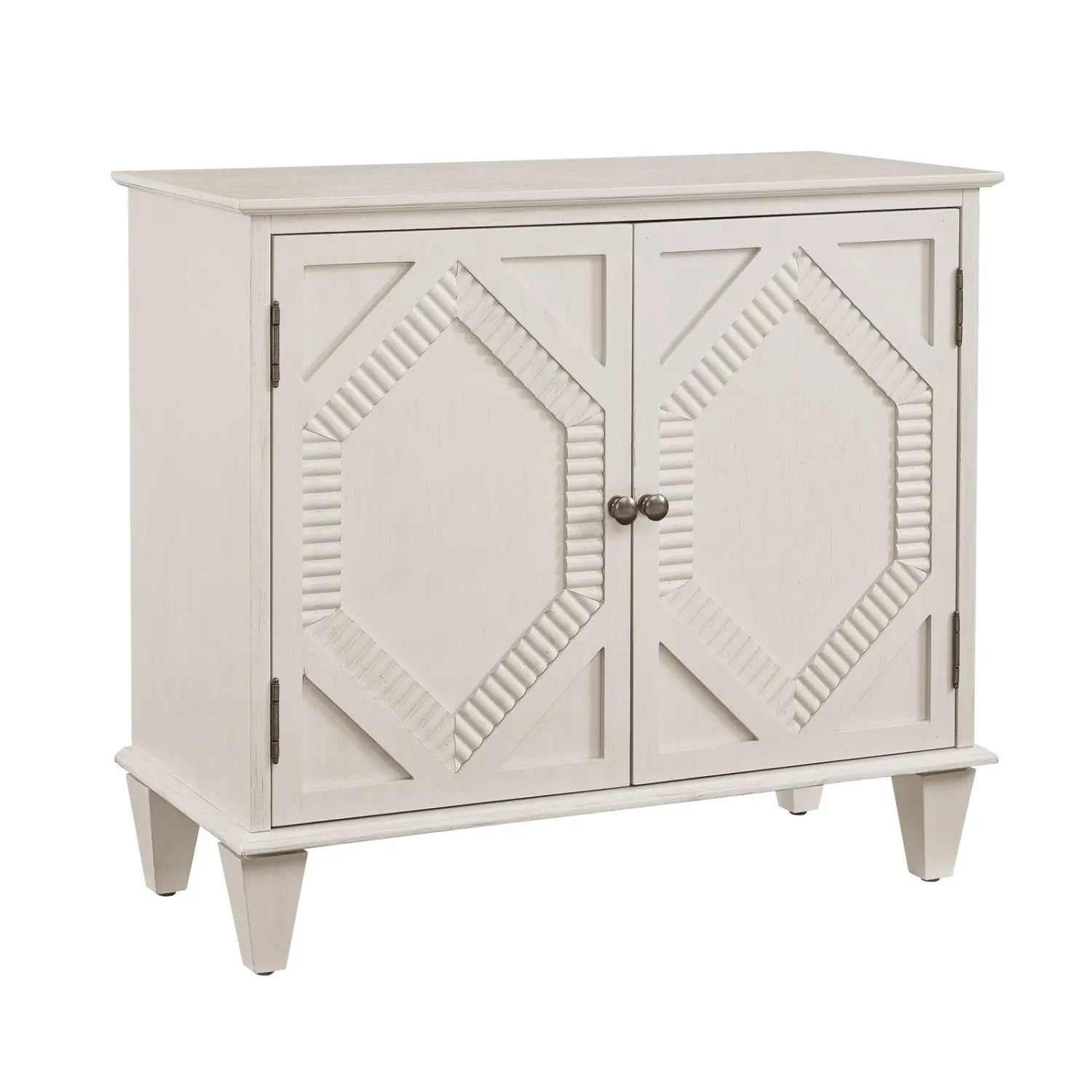 34" White Wood Carved Geometric Accent Cabinet With Two Doors Homeroots Kitchen & Dining