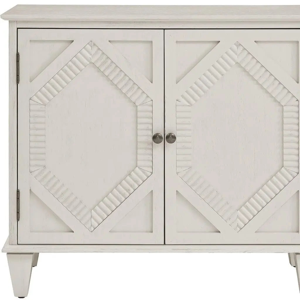 34" White Wood Carved Geometric Accent Cabinet With Two Doors Homeroots Kitchen & Dining