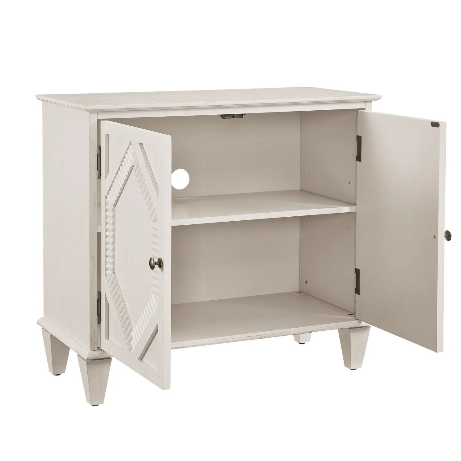 34" White Wood Carved Geometric Accent Cabinet With Two Doors Homeroots Kitchen & Dining