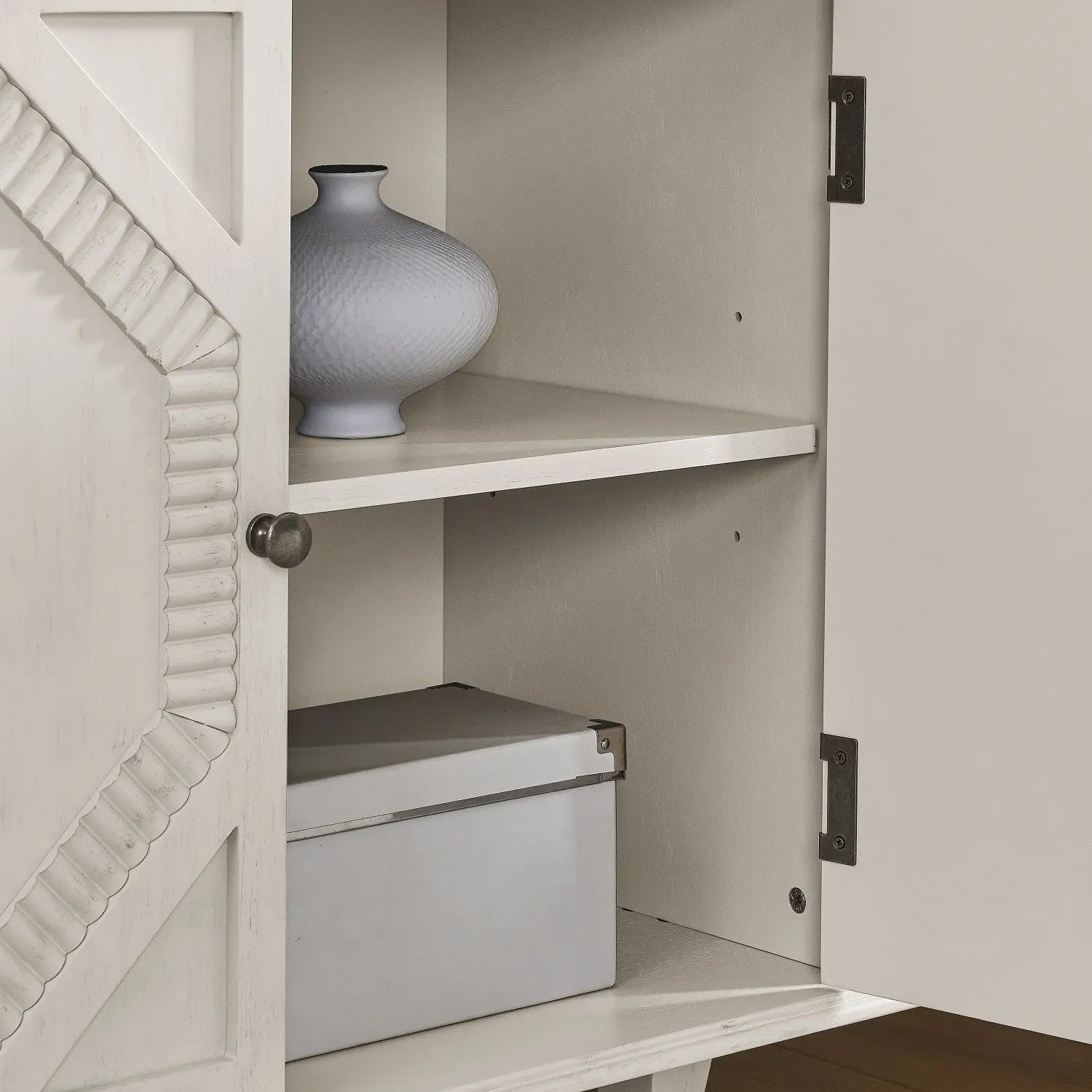 34" White Wood Carved Geometric Accent Cabinet With Two Doors Homeroots Kitchen & Dining